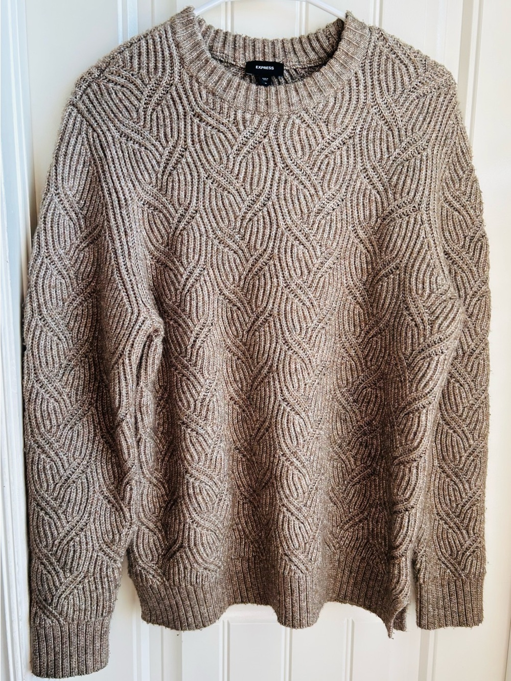 Express Men's Cable Crewneck Sweater in Beige/Tan - Picture 2 of 5